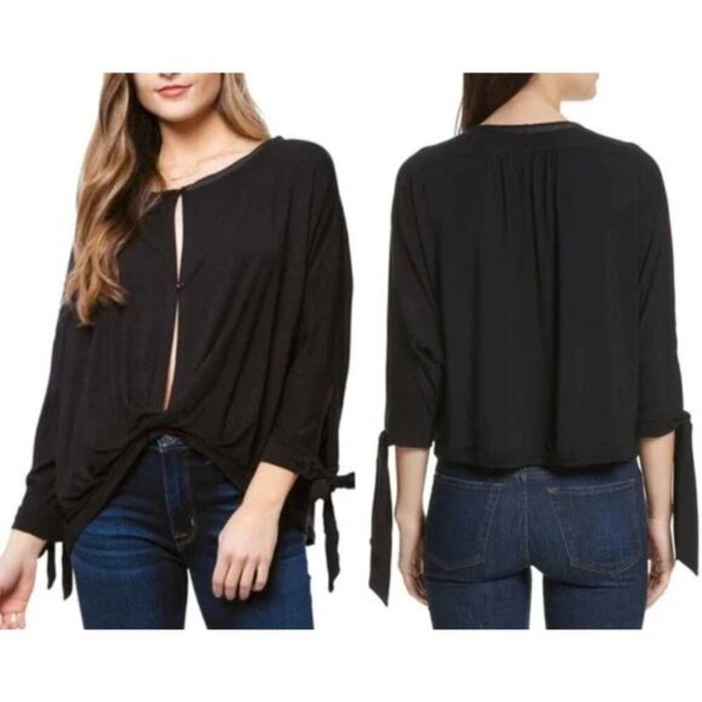 Free People Blouse Women M Black Keepin On Twist Relax‎ Crop Boho Tie Sleeve Top